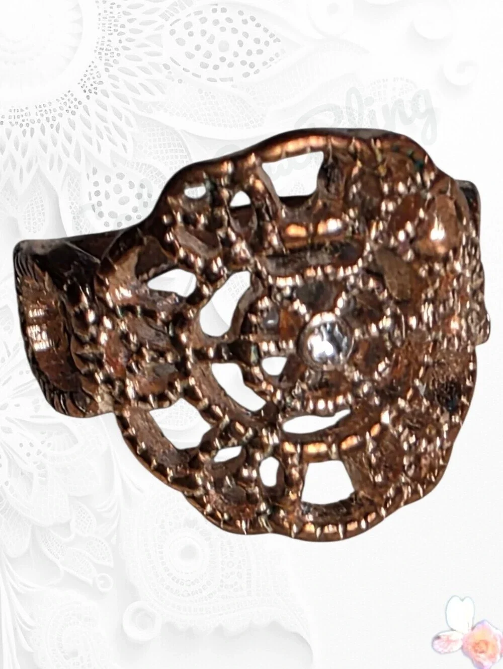 Filigree Floral Statement Ring Crystal Accent Rose Gold Tone Size 7